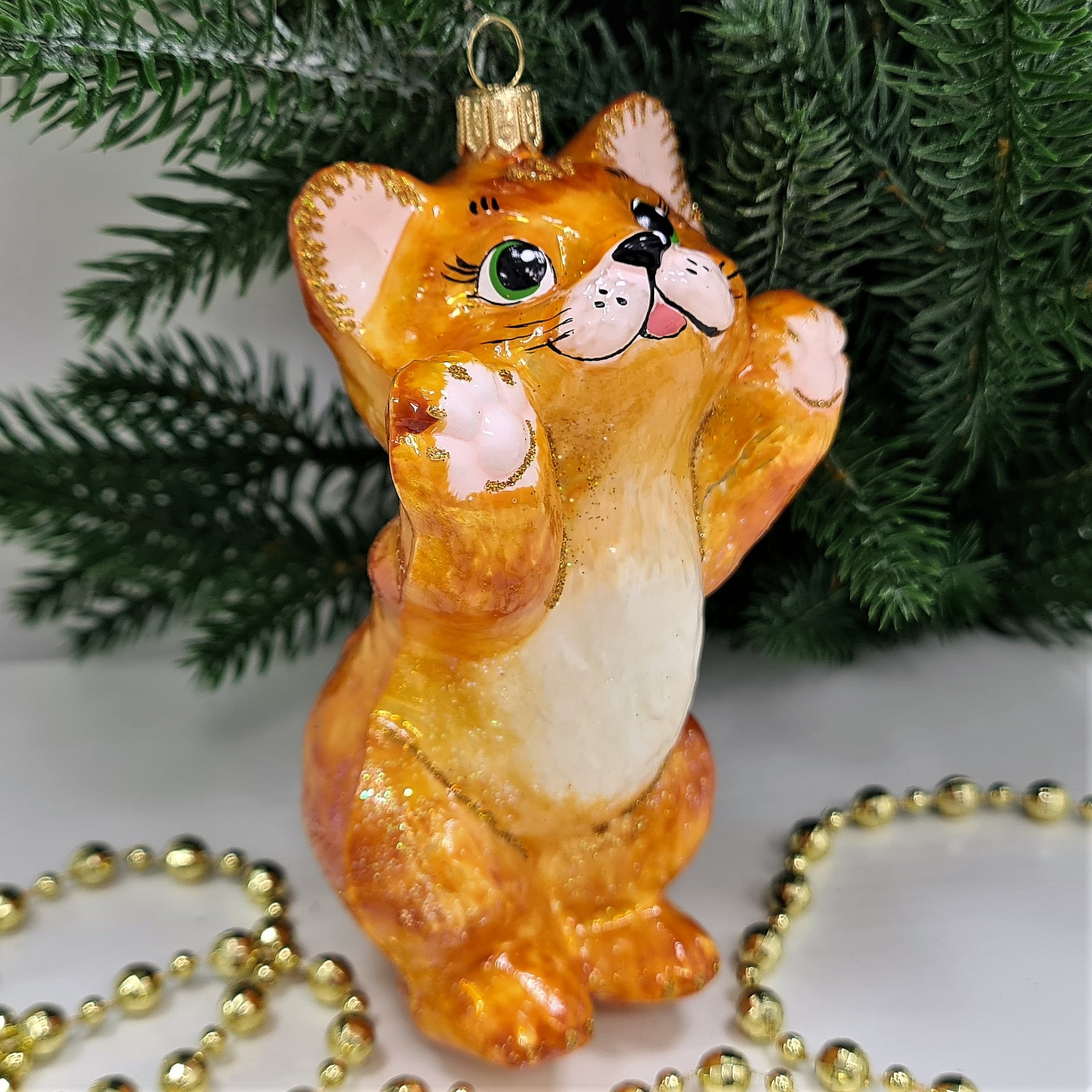 фото Стеклянная елочная игрушка Рыжий котик