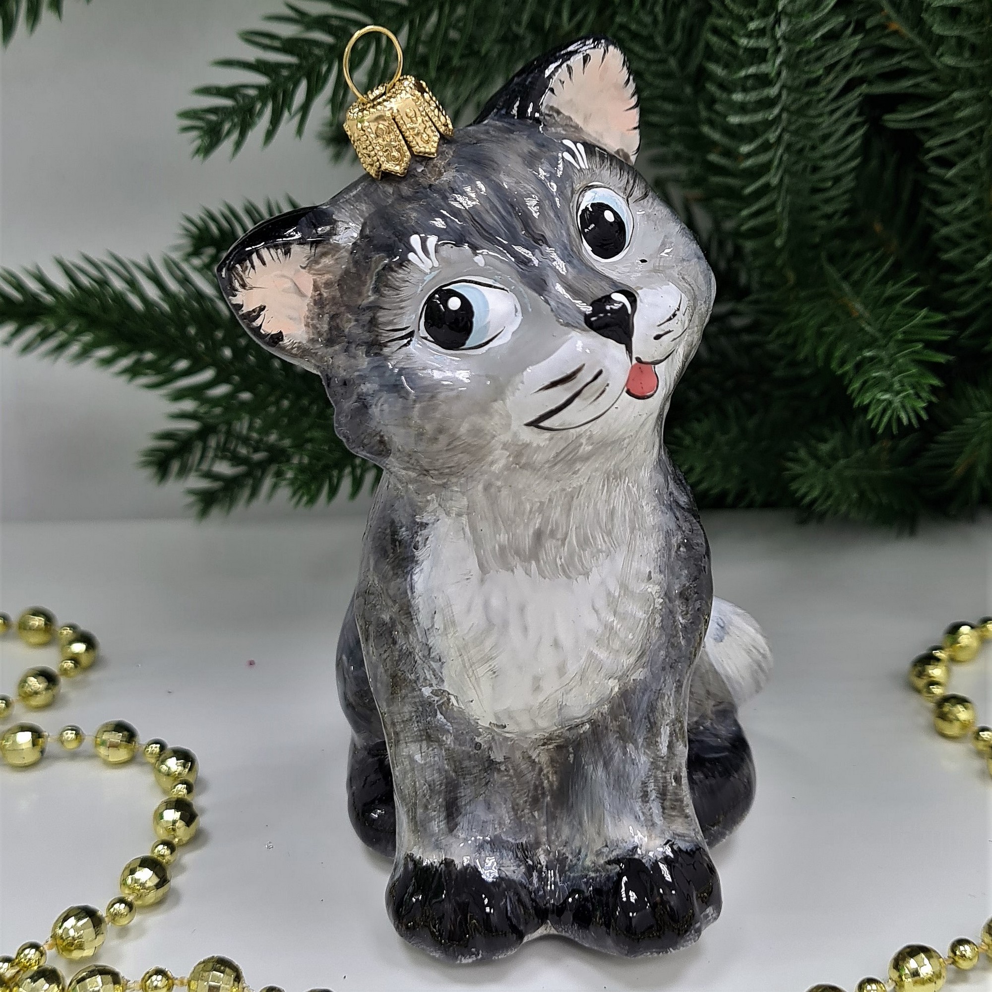 фото Стеклянная елочная игрушка Серый котик
