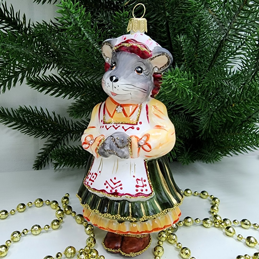 фото Стеклянная елочная игрушка Мышка Хозяйка