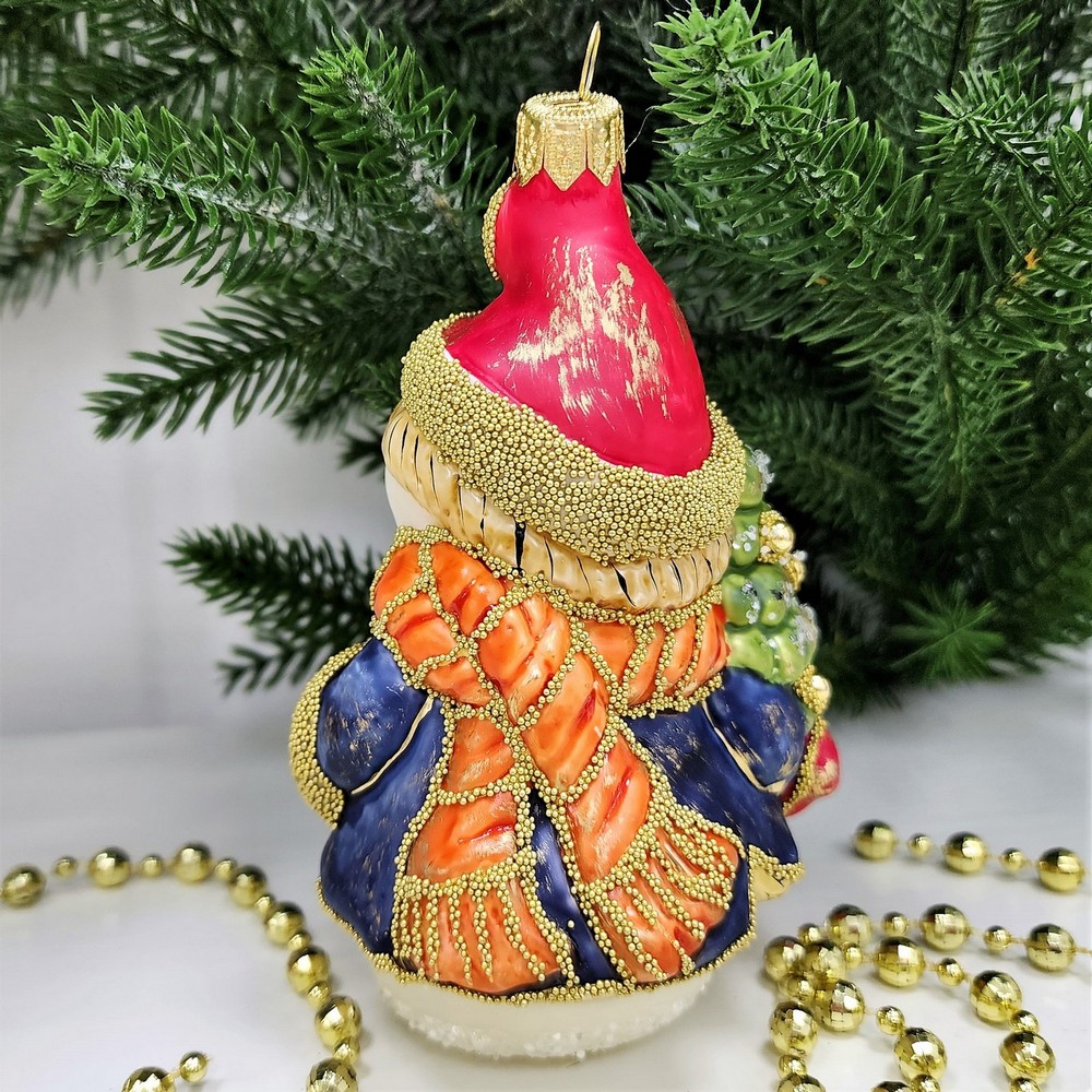 фото Стеклянная елочная игрушка Снеговик с елкой винтаж