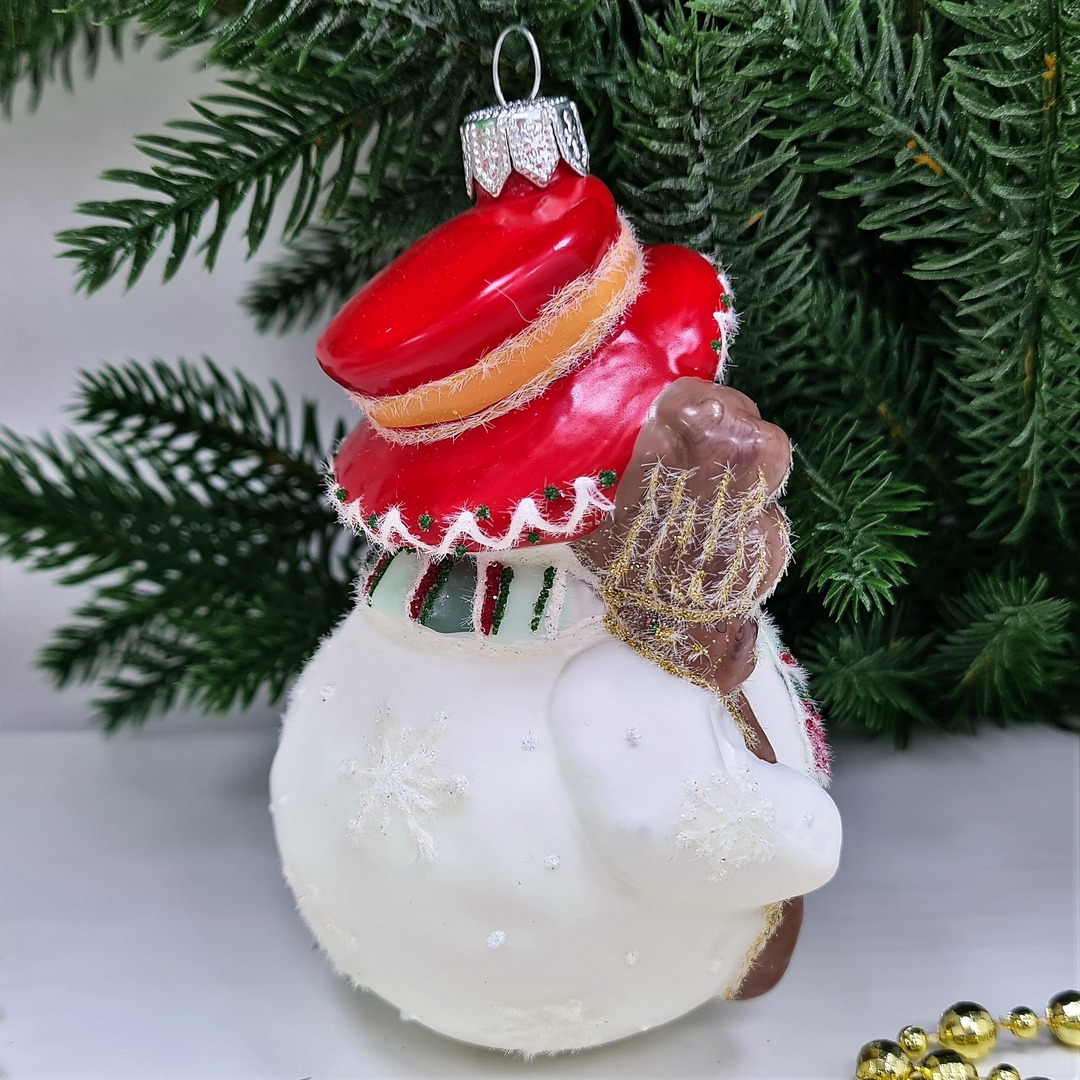 фото Стеклянная елочная игрушка Снеговик с метлой