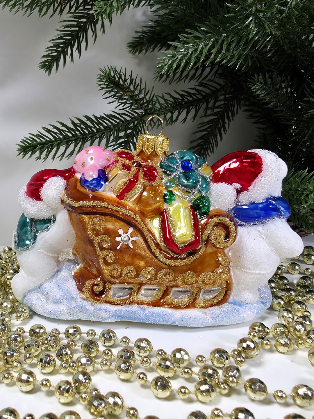 фото Стеклянная елочная игрушка Мишки тянут саночки