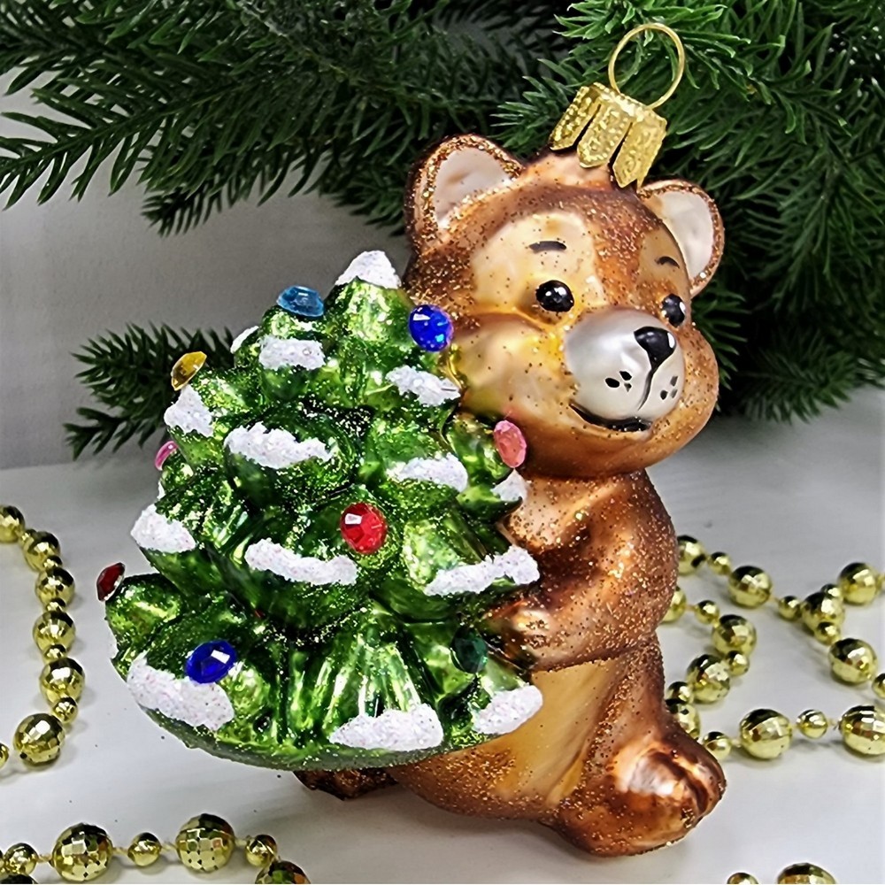 фото Стеклянная елочная игрушка Мишка с елкой