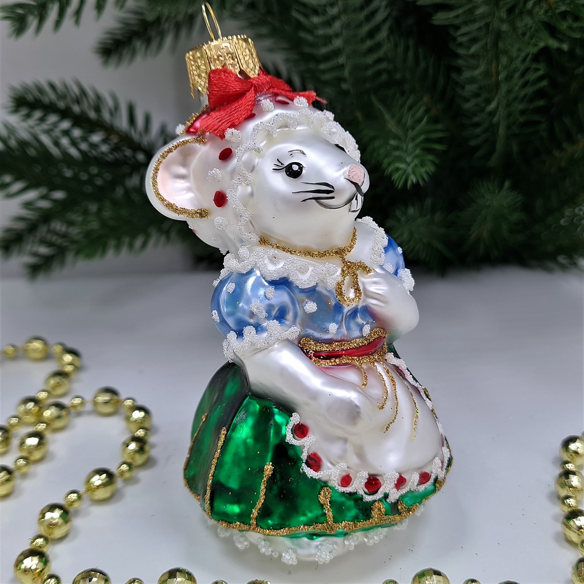 фото Стеклянная елочная игрушка Мышка Хозяйка