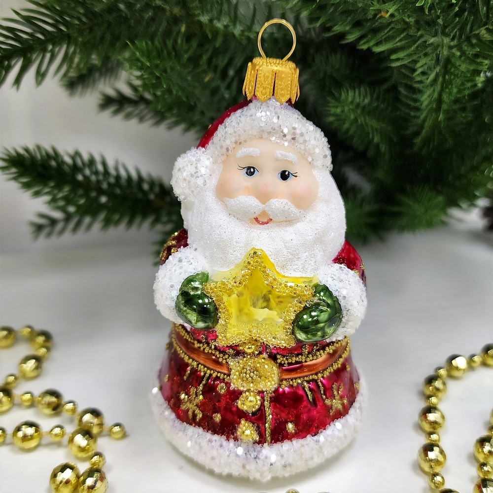 фото Стеклянная елочная игрушка Дед Мороз колокольчик
