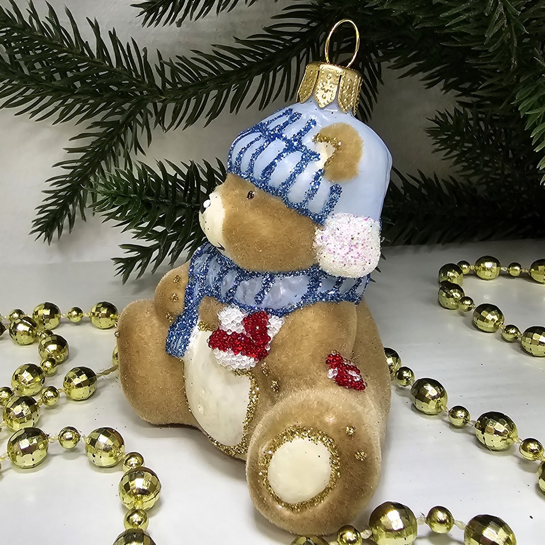 фото Стеклянная елочная игрушка Мишка беби флок