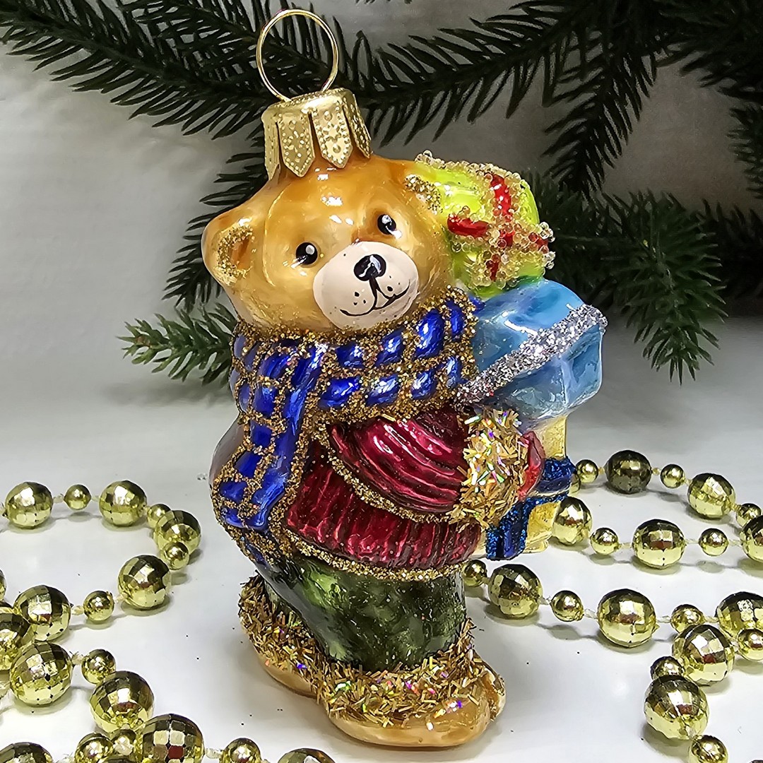 фото Стеклянная елочная игрушка Мишутка с подарками