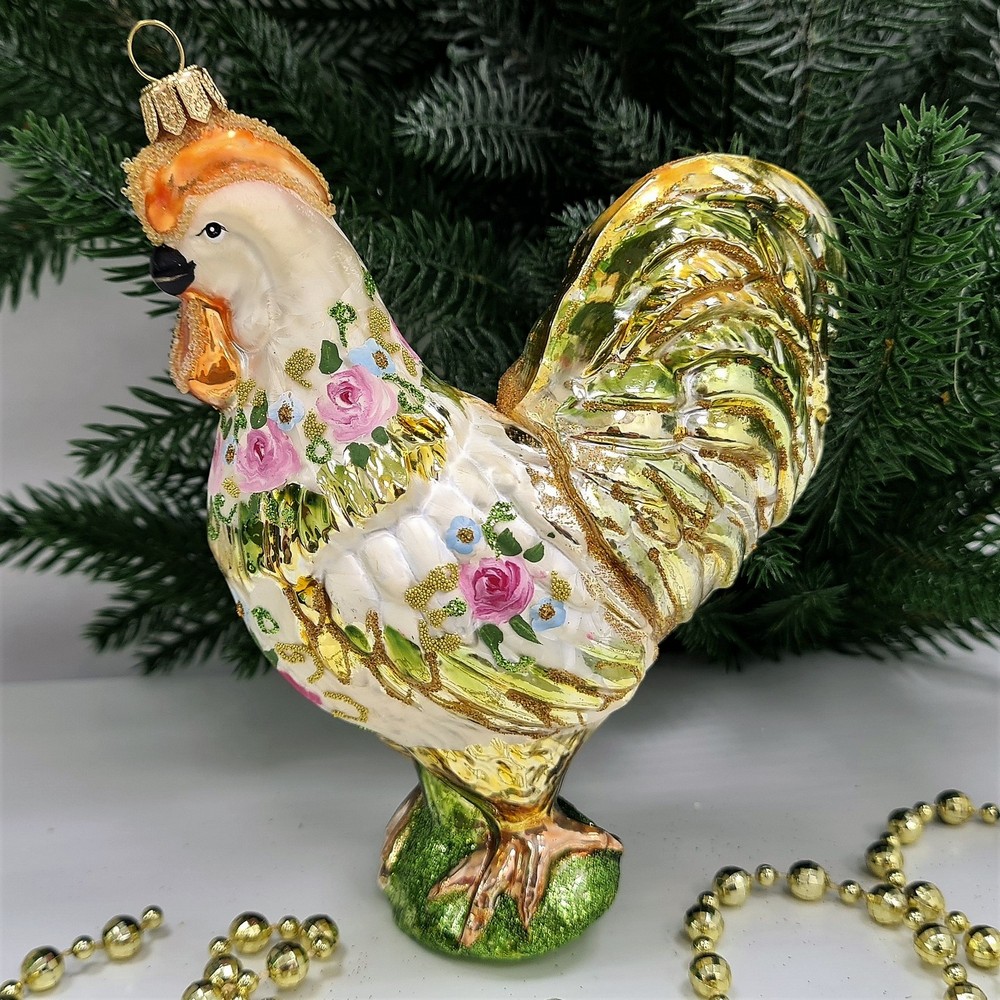 фото Стеклянная елочная игрушка Петух Версаль
