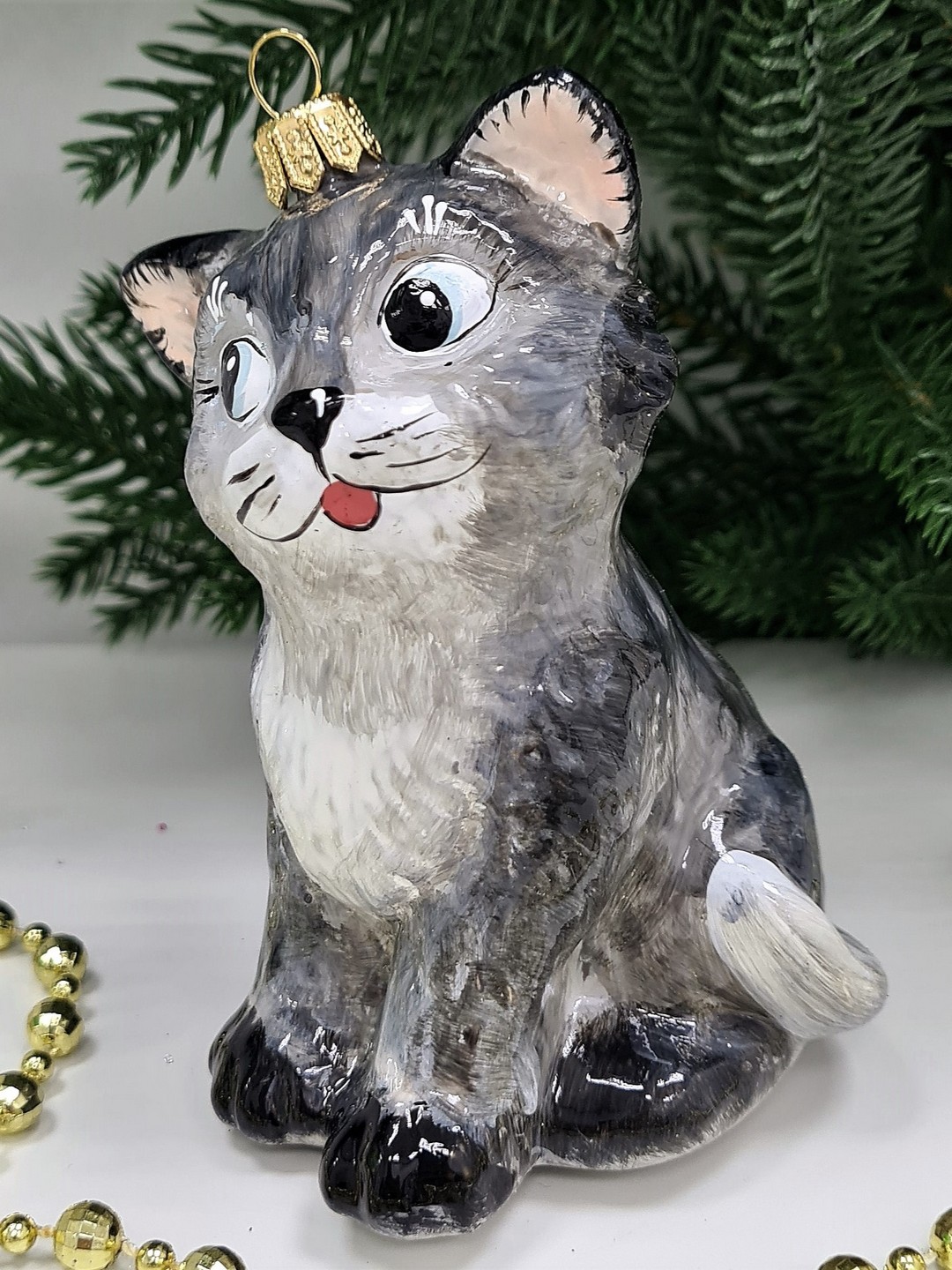 фото Стеклянная елочная игрушка Серый котик
