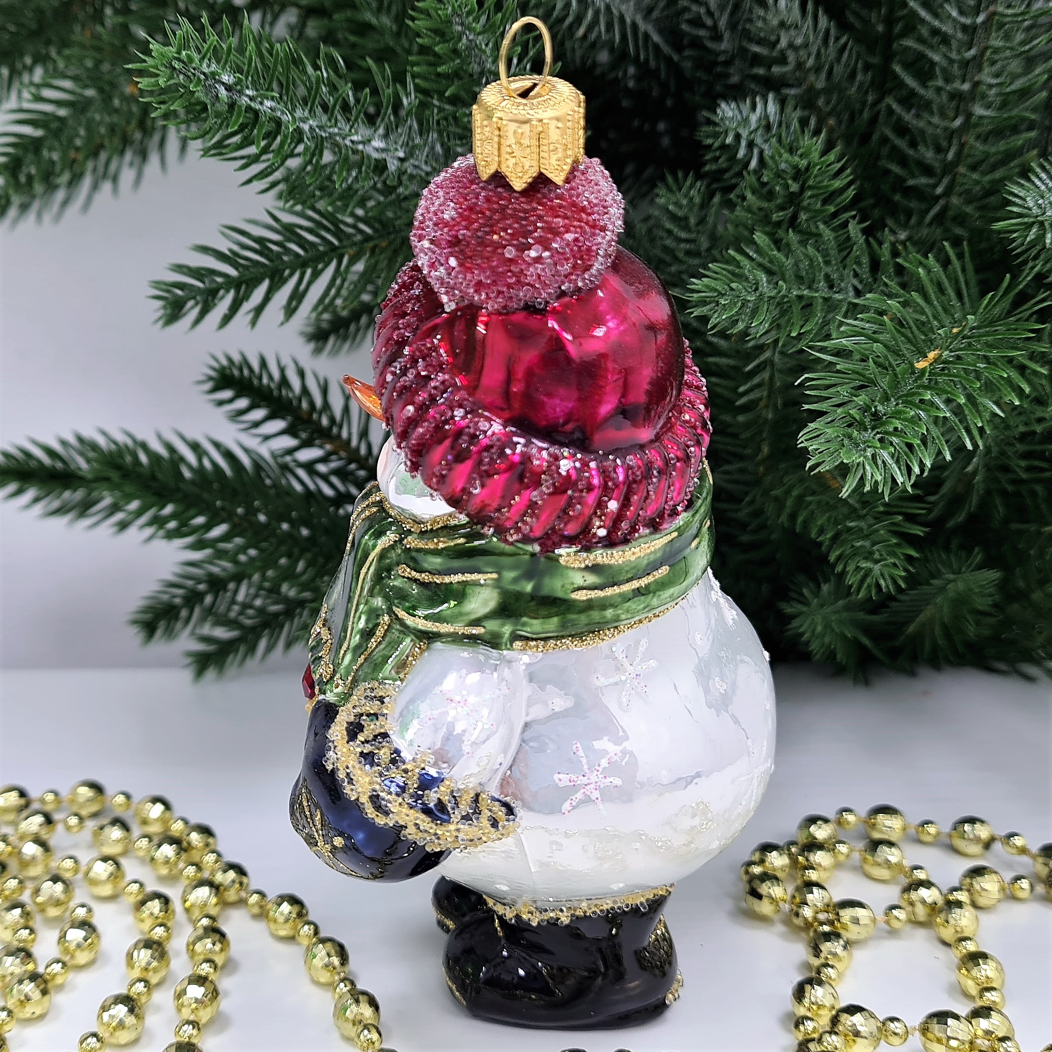 фото Стеклянная елочная игрушка Снеговик с часиками