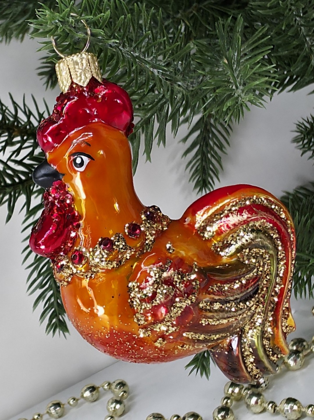 фото Стеклянная елочная игрушка Золотой петушок