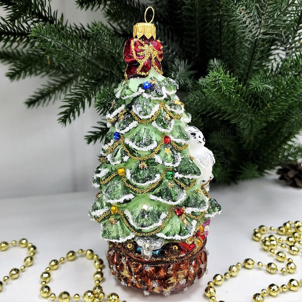 фото Стеклянная елочная игрушка Елка с совой и звездой