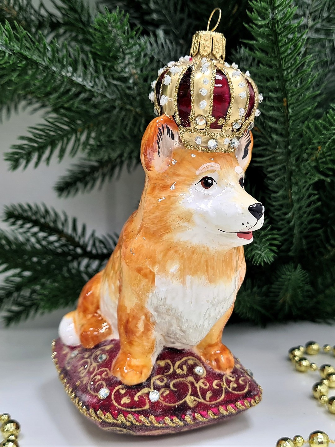 фото Стеклянная елочная игрушка Корги в короне