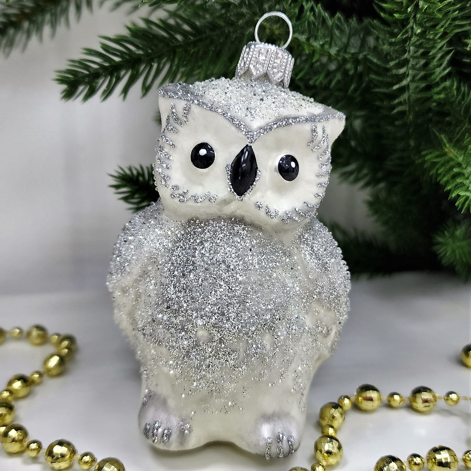 фото Стеклянная елочная игрушка Сова серая