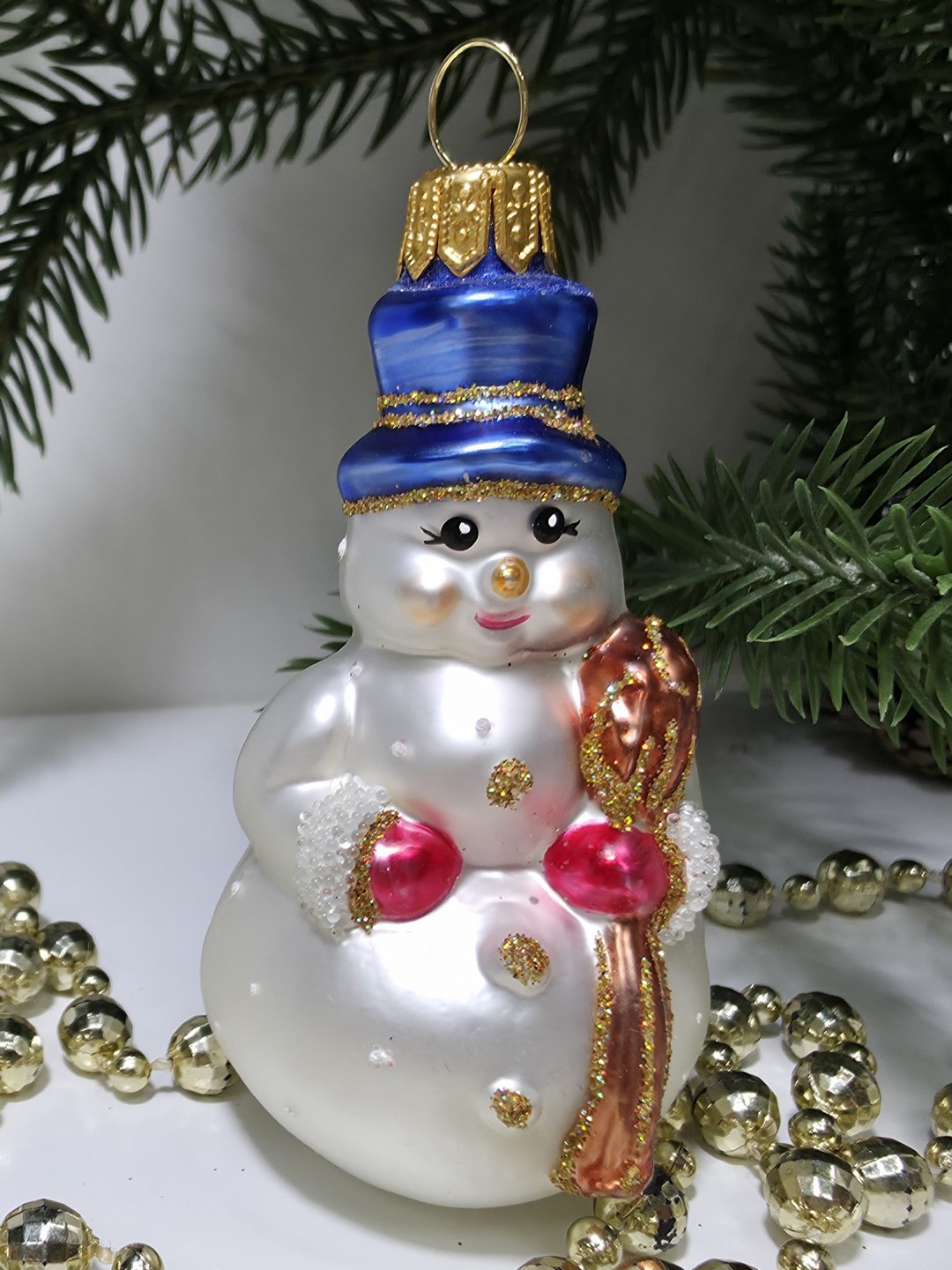 фото Стеклянная елочная игрушка Снеговик