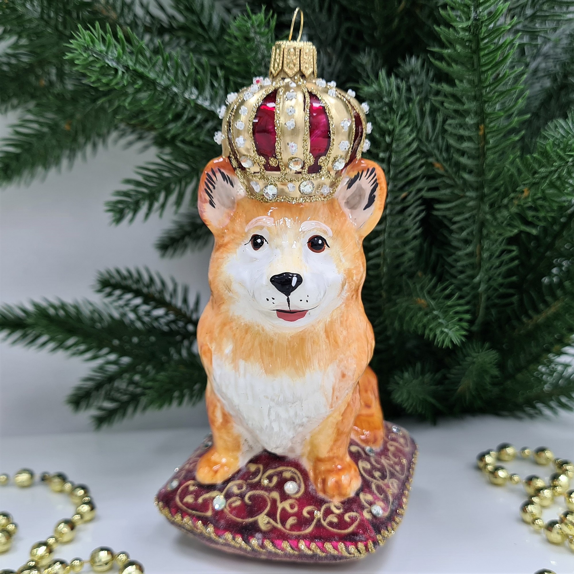 фото Стеклянная елочная игрушка Корги в короне
