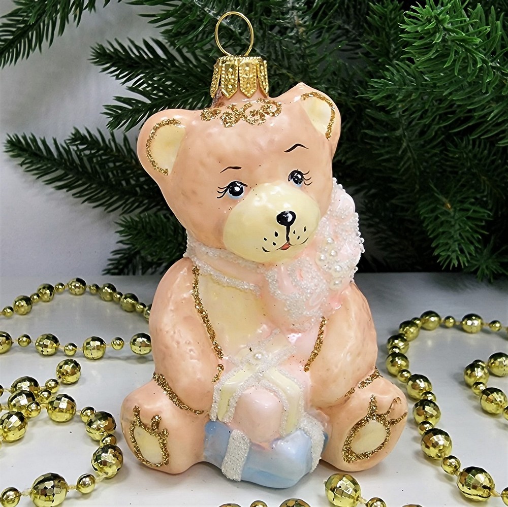 фото Стеклянная елочная игрушка Мишка с подарками детский