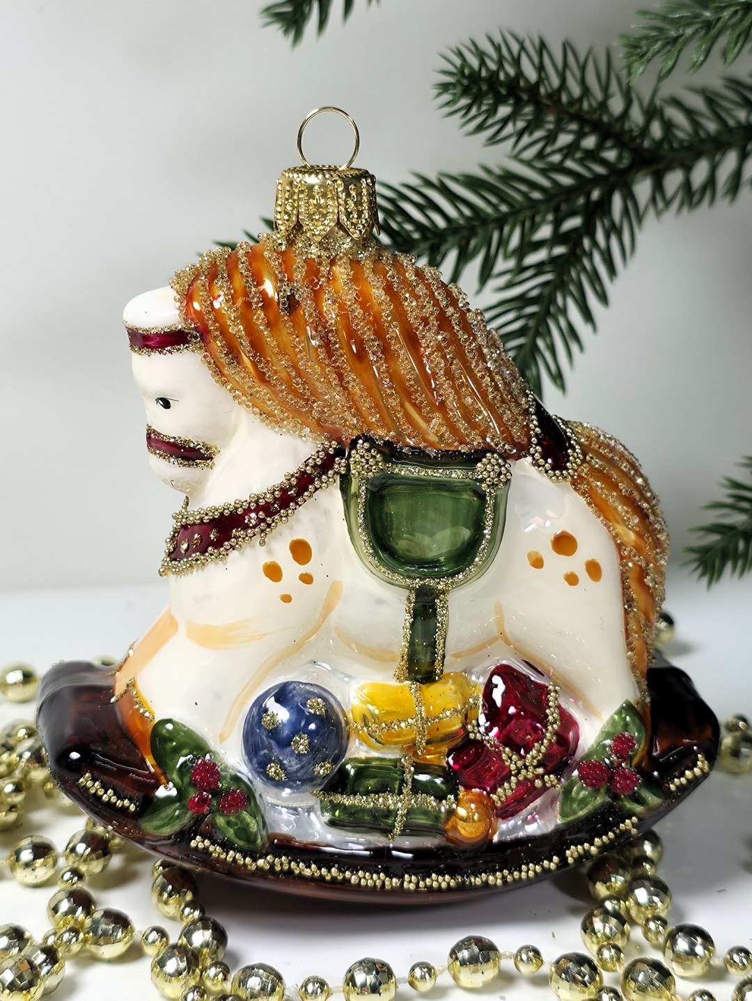 фото Стеклянная елочная игрушка Лошадка качалка