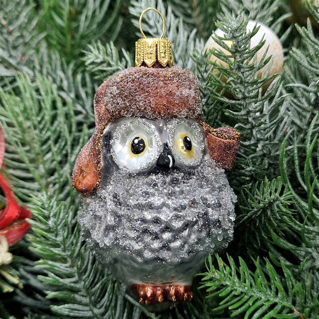 фото Стеклянная елочная игрушка Сова в ушанке-1