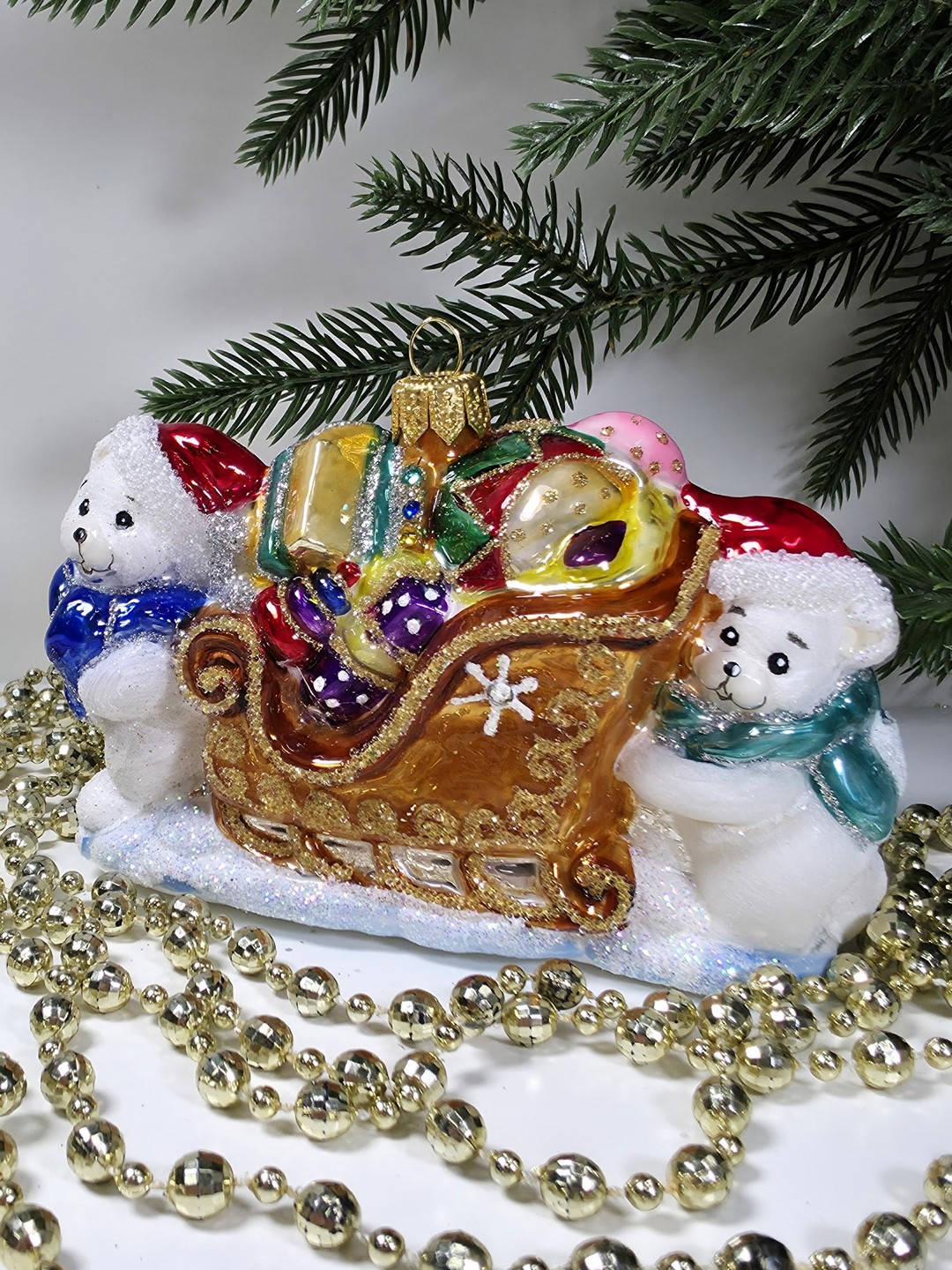 фото Стеклянная елочная игрушка Мишки тянут саночки