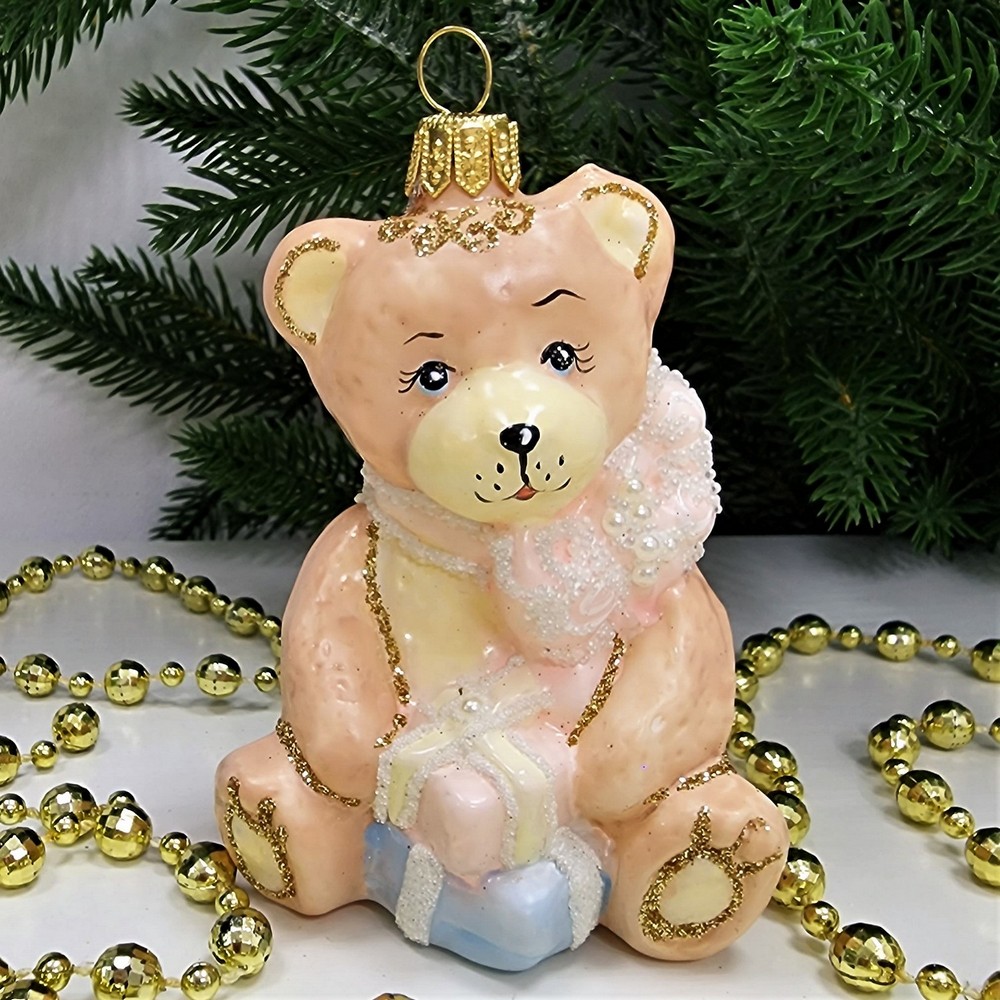 фото Стеклянная елочная игрушка Мишка с подарками детский