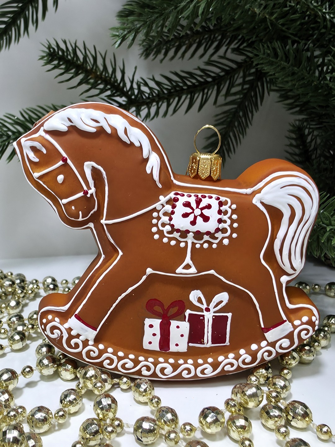 фото Стеклянная елочная игрушка Лошадка пряник
