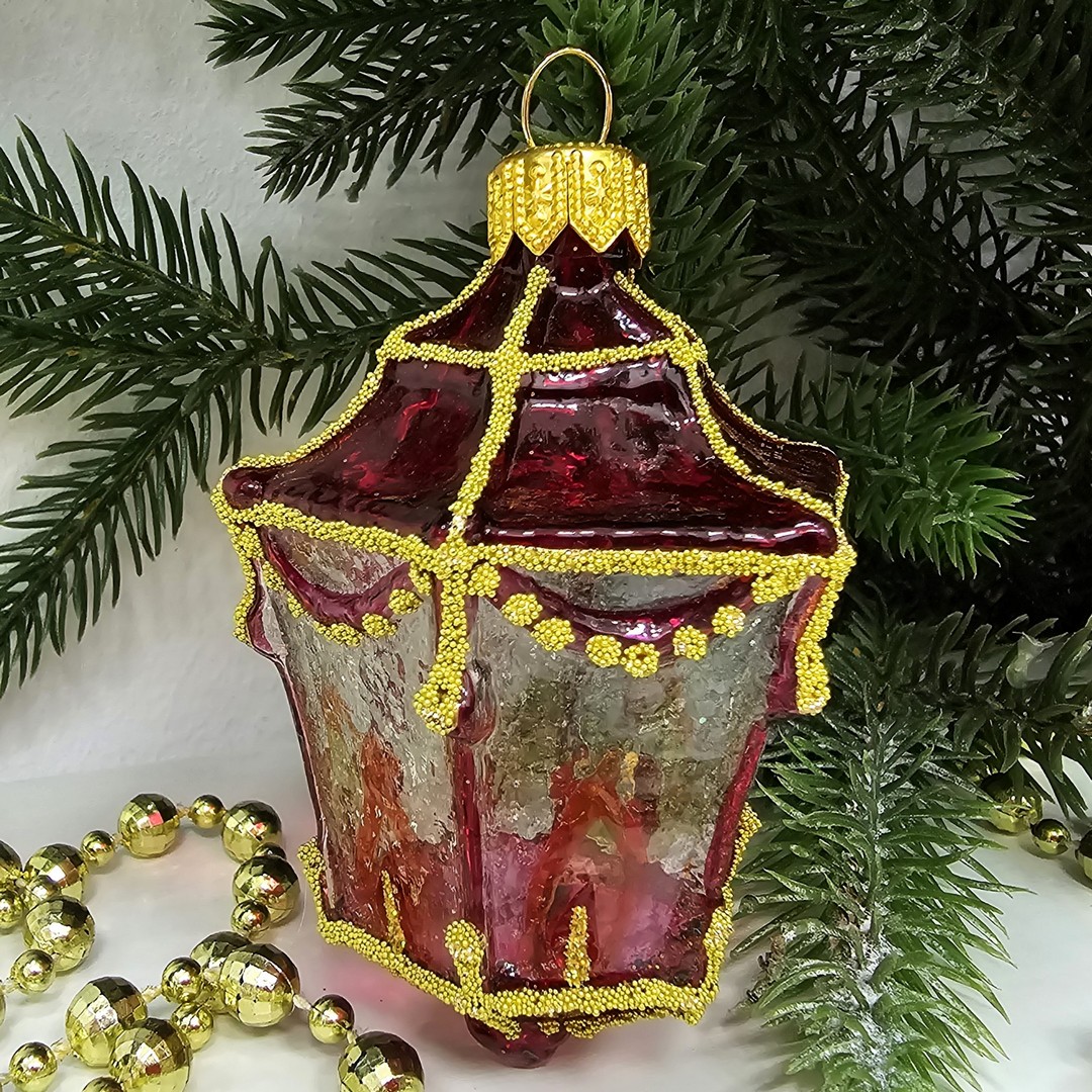 фото Стеклянная елочная игрушка Фонарик красный