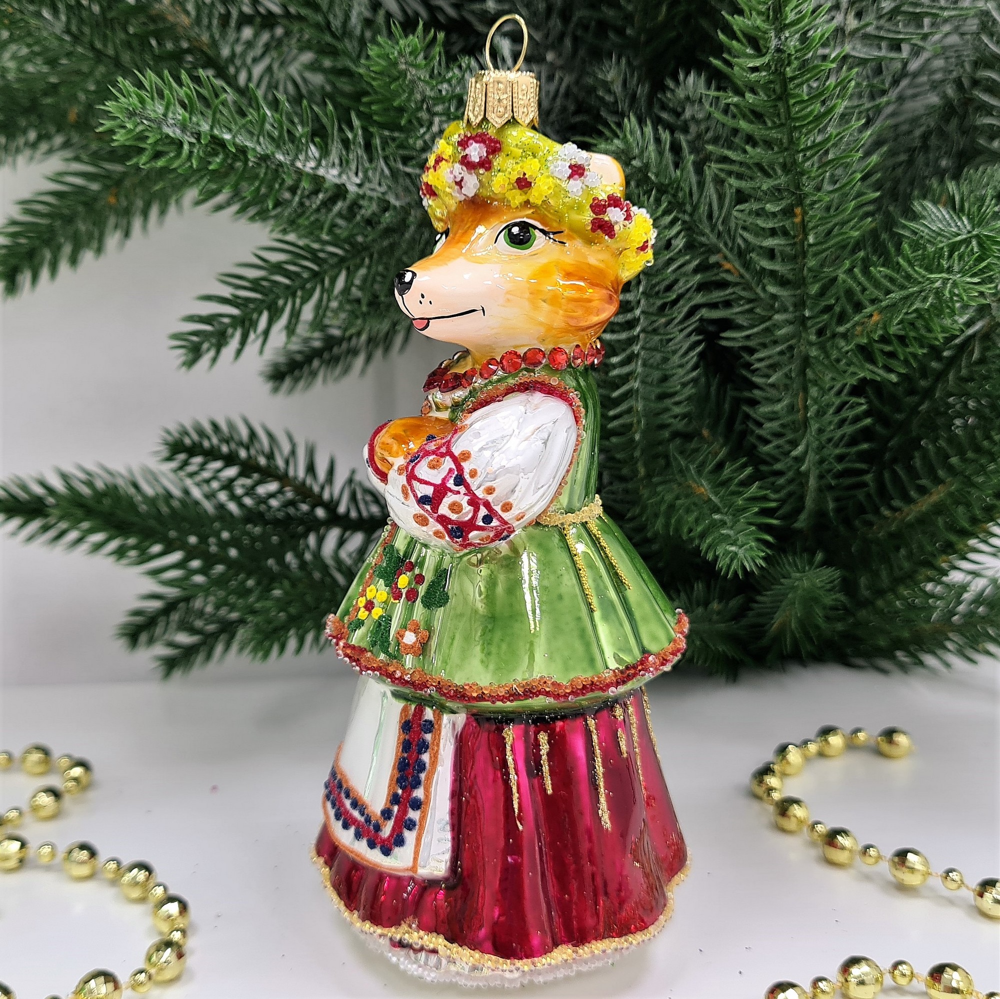 фото Стеклянная елочная игрушка Лиса в веночке