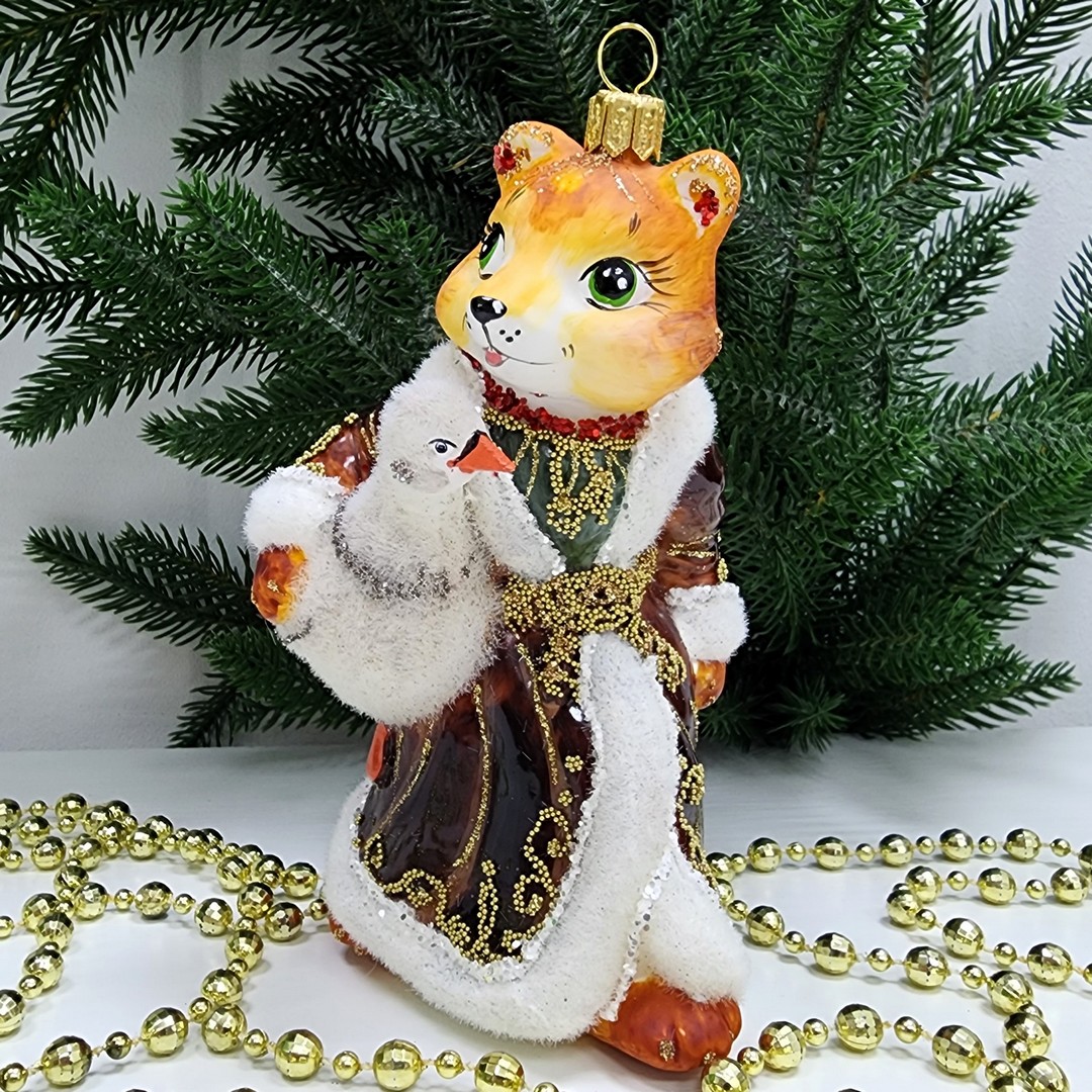 фото Стеклянная елочная игрушка Лиса с гусем