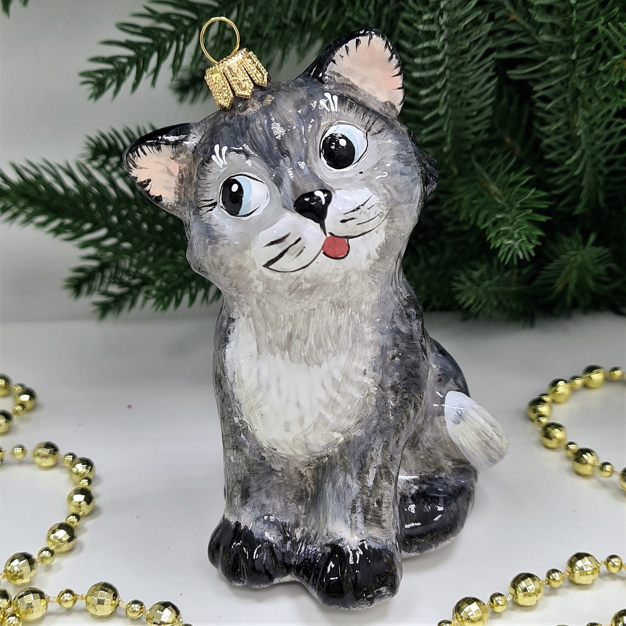 фото Стеклянная елочная игрушка Серый котик