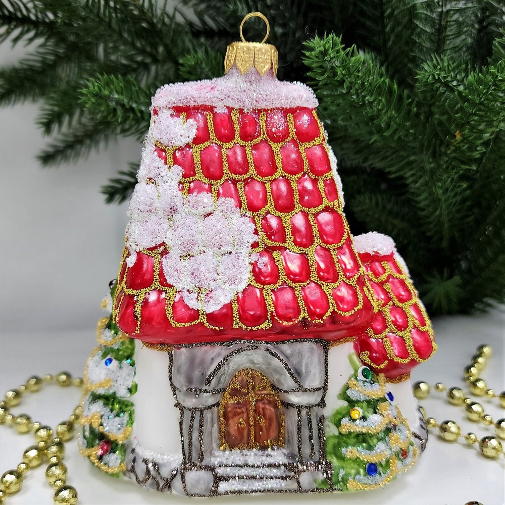 фото Стеклянная елочная игрушка Домик Мельница