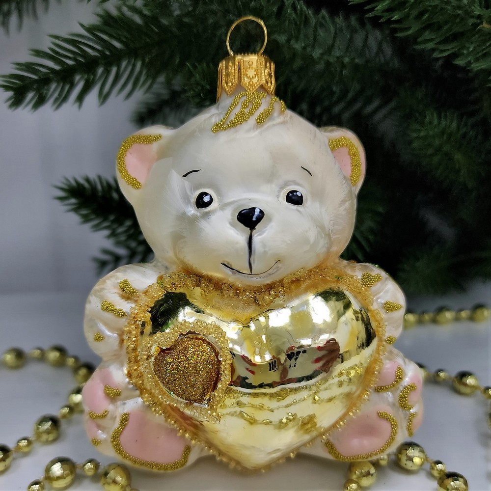 фото Стеклянная елочная игрушка Мишка с сердцем Версаль