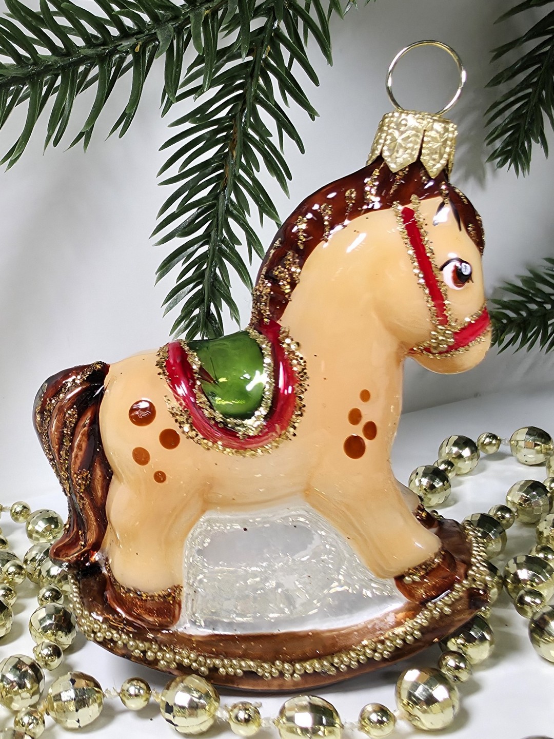 фото Стеклянная елочная игрушка Лошадка качалка малая