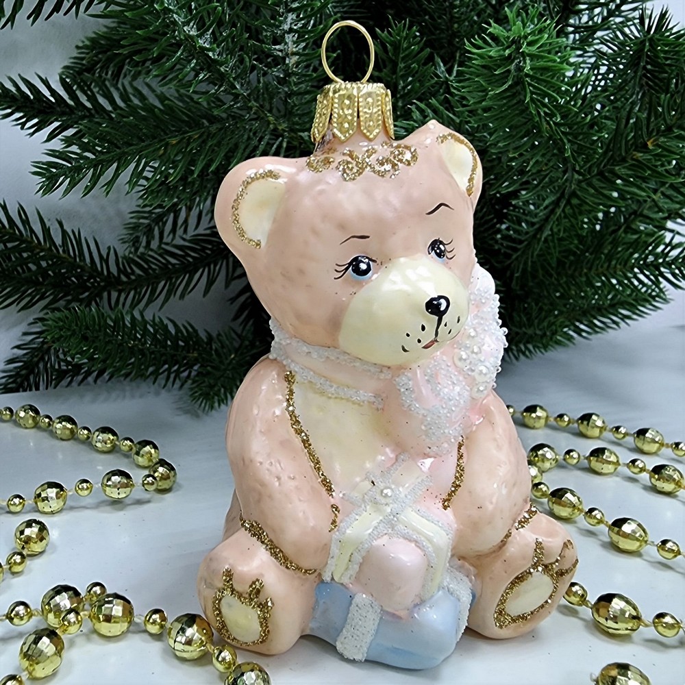 фото Стеклянная елочная игрушка Мишка с подарками детский