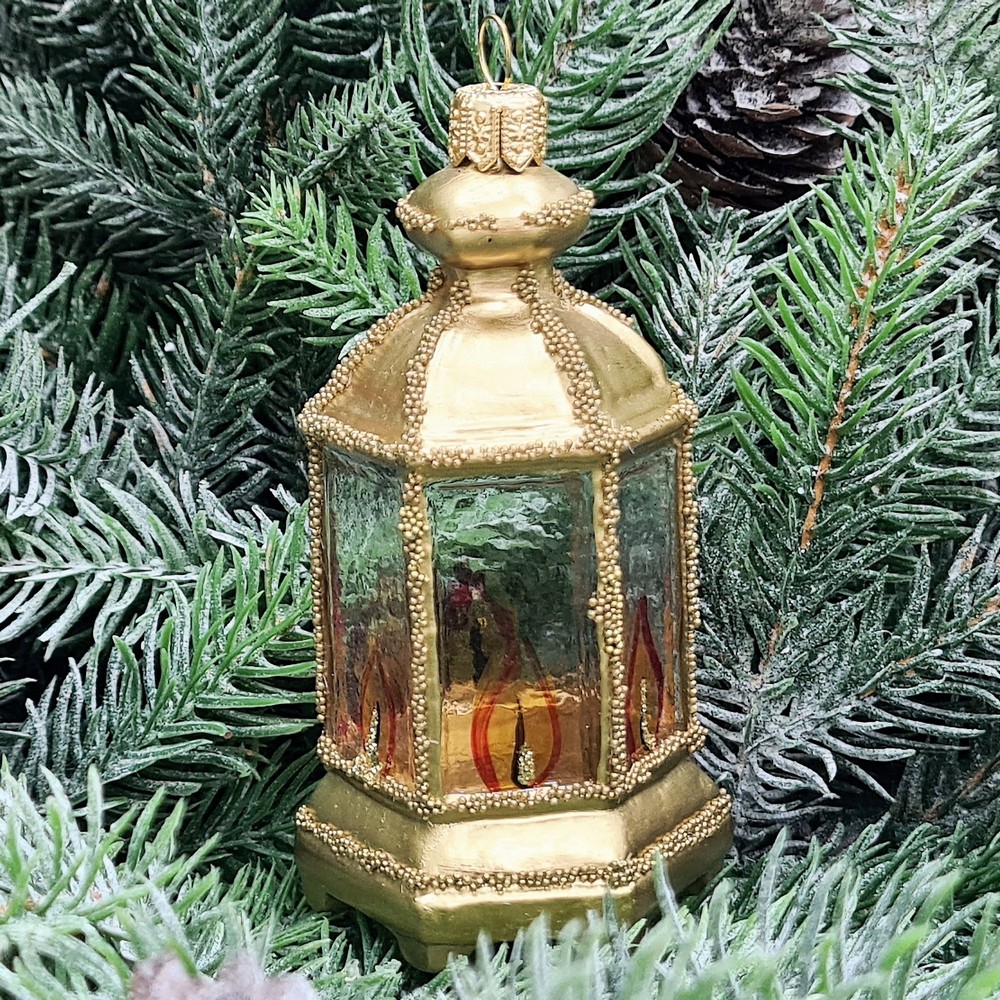фото Стеклянная елочная игрушка Фонарик золотой
