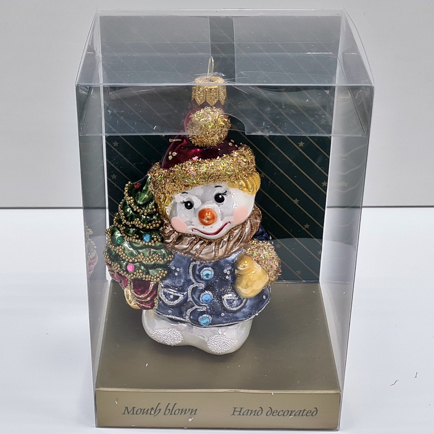 фото Стеклянная елочная игрушка Снеговик с елкой