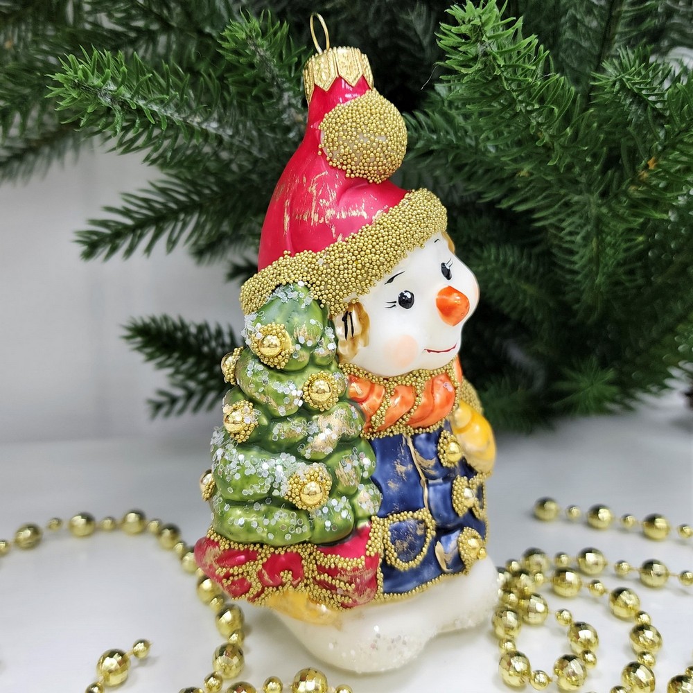 фото Стеклянная елочная игрушка Снеговик с елкой винтаж