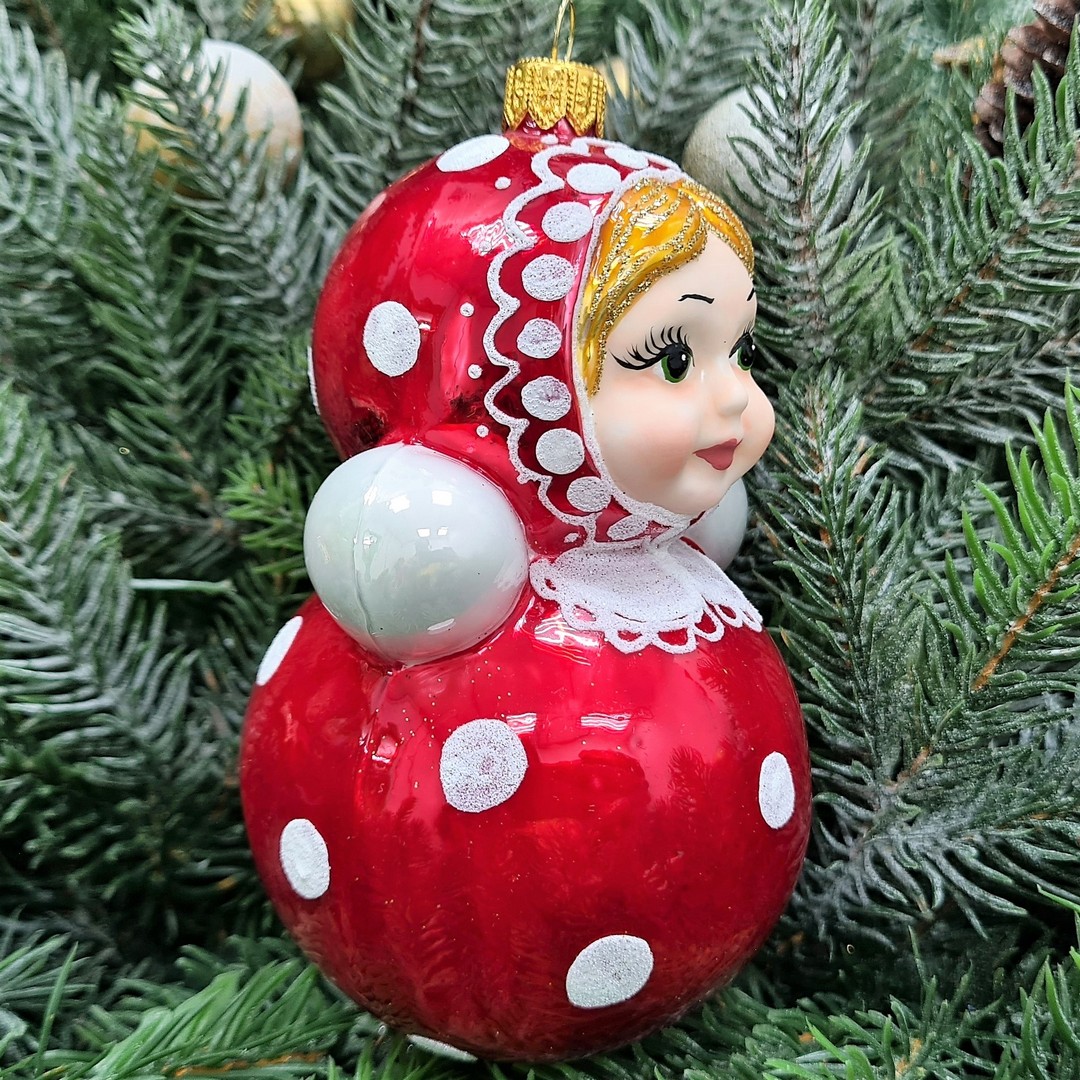 фото Стеклянная елочная игрушка Матрешка-неваляшка