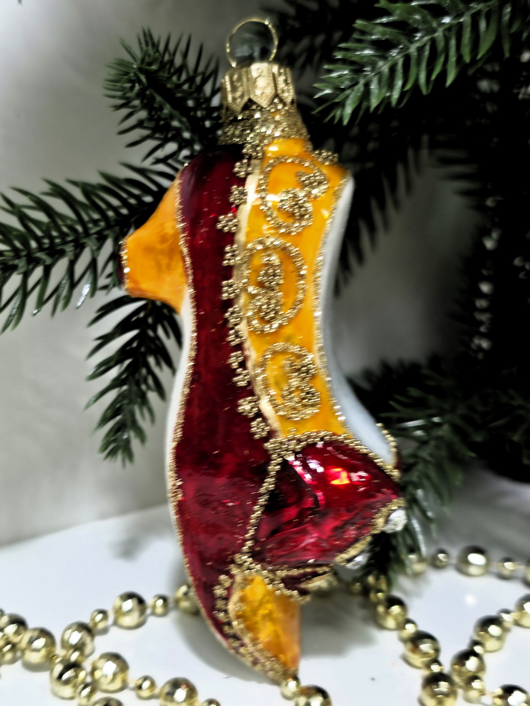 фото Стеклянная елочная игрушка Туфелька красная