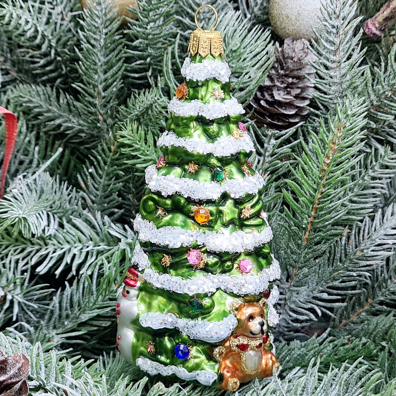 фото Стеклянная елочная игрушка Елка с лошадкой