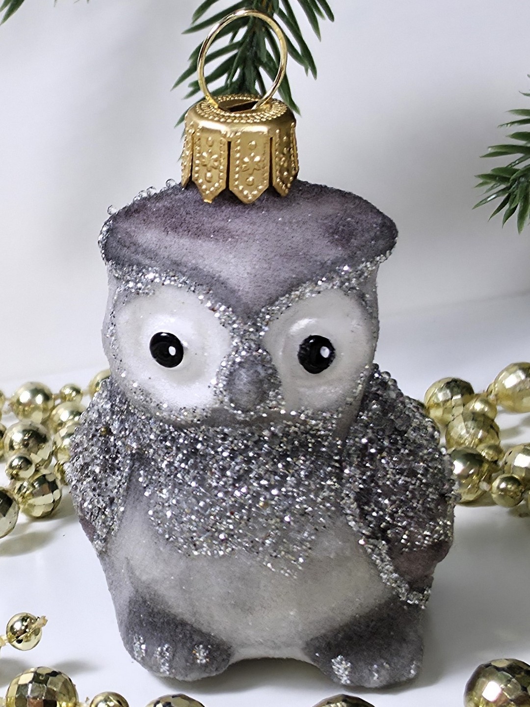 фото Стеклянная елочная игрушка Совушка серая