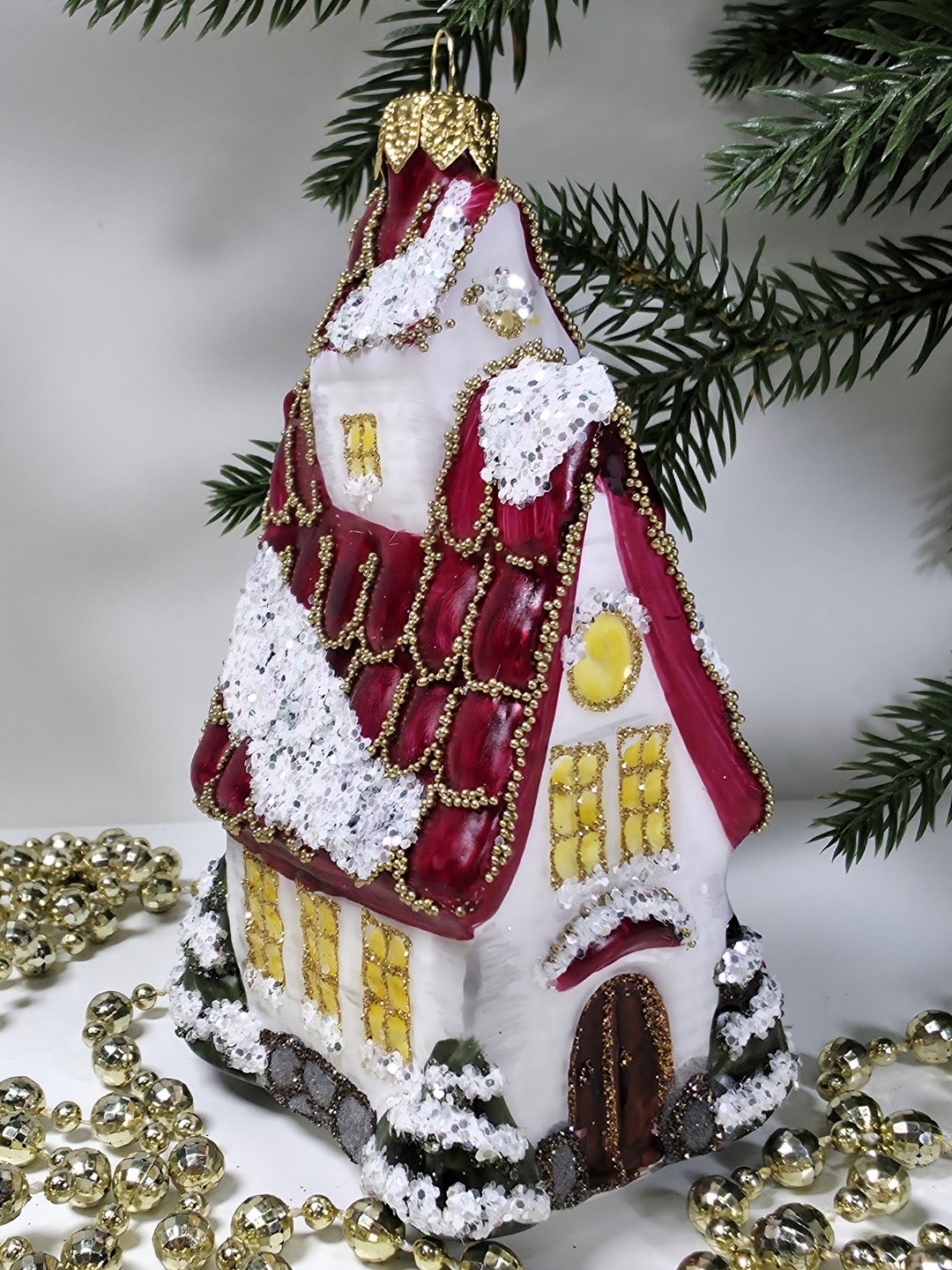 фото Стеклянная елочная игрушка Домик с острой крышей