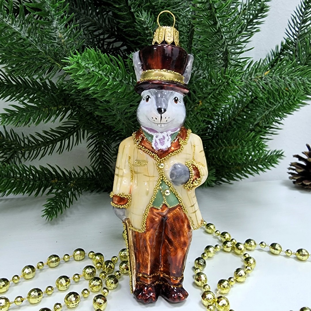 фото Стеклянная елочная игрушка Заяц джентельмен