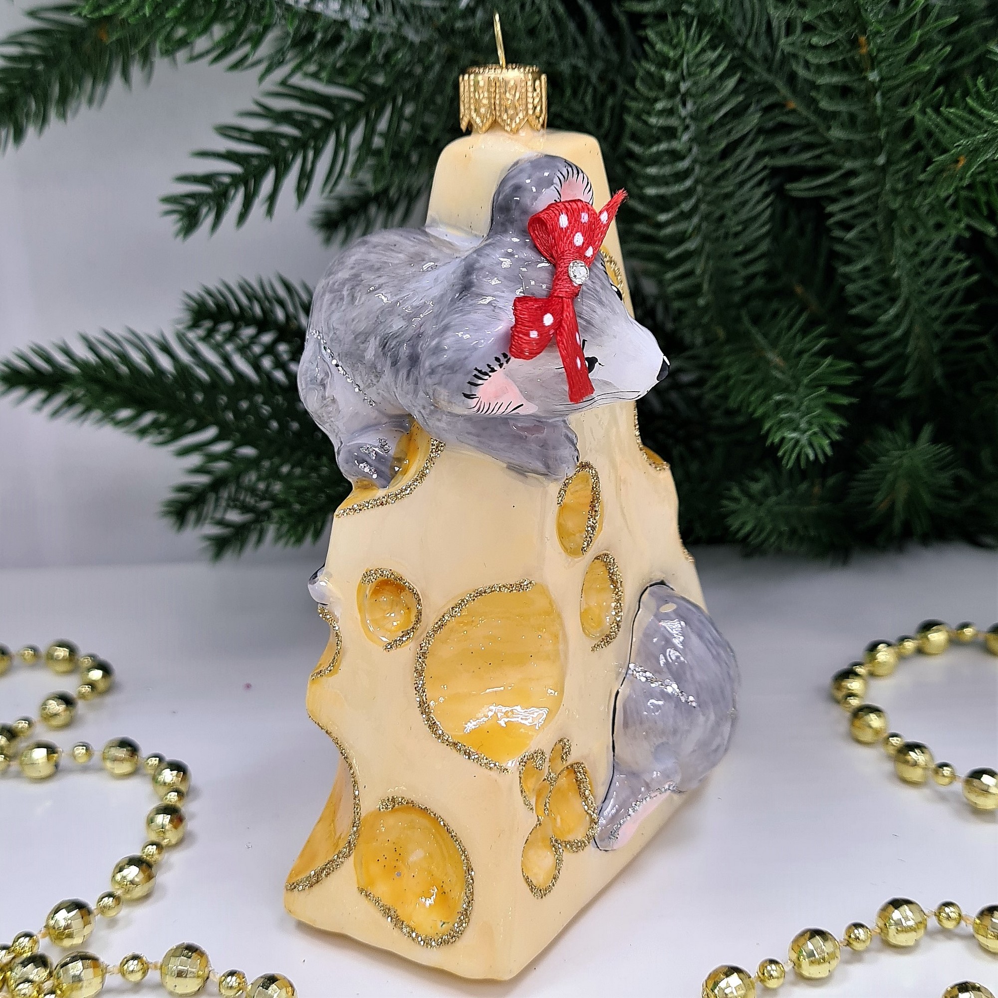 фото Стеклянная елочная игрушка Мышки в сыре