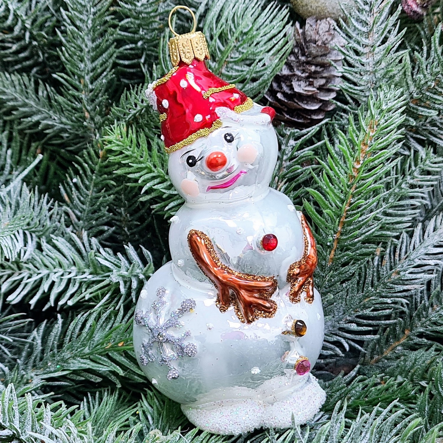 фото Стеклянная елочная игрушка Снеговик лесной