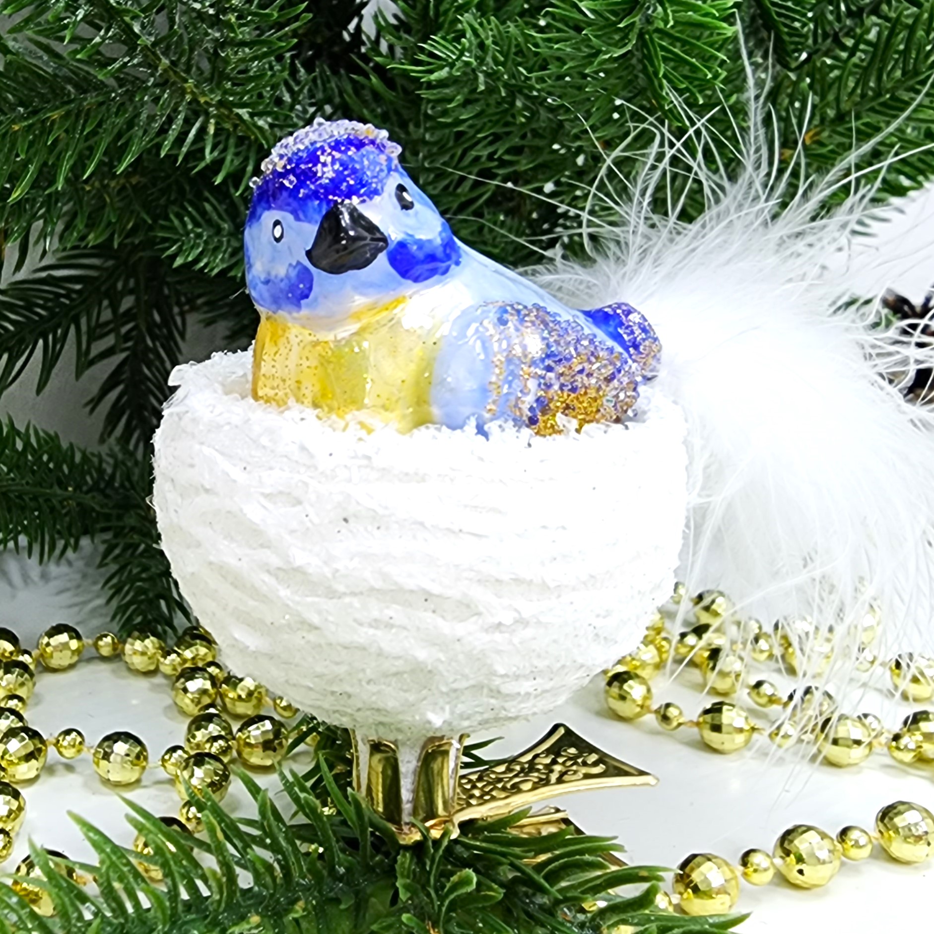 фото Стеклянная елочная игрушка Синичка в гнезде на прищепке