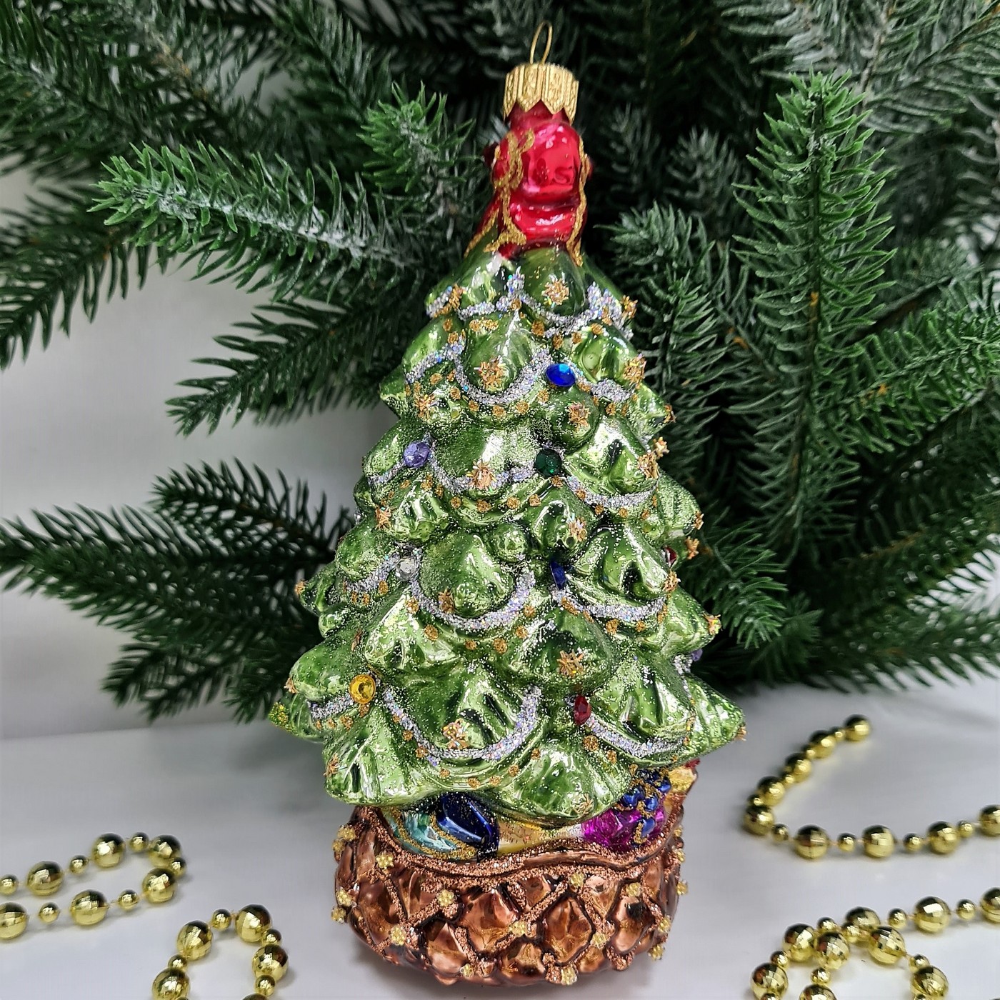 фото Стеклянная елочная игрушка Елка с совой и бантом