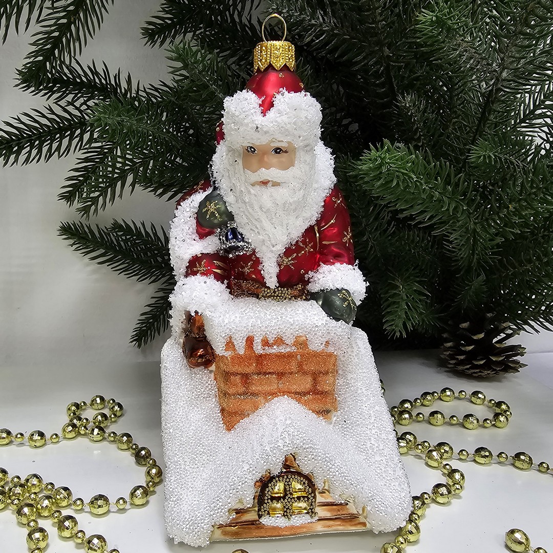 фото Стеклянная елочная игрушка Дед Мороз на крыше большой