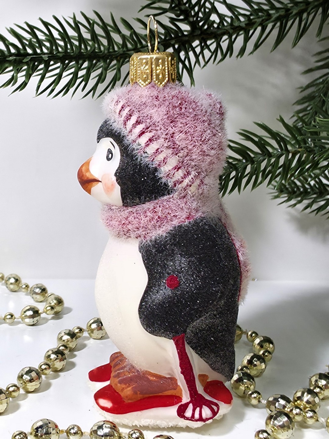 фото Стеклянная елочная игрушка Пингвин на лыжах