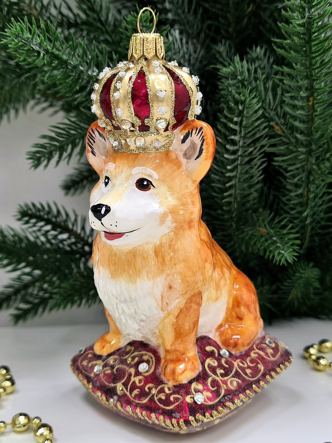 фото Стеклянная елочная игрушка Корги в короне